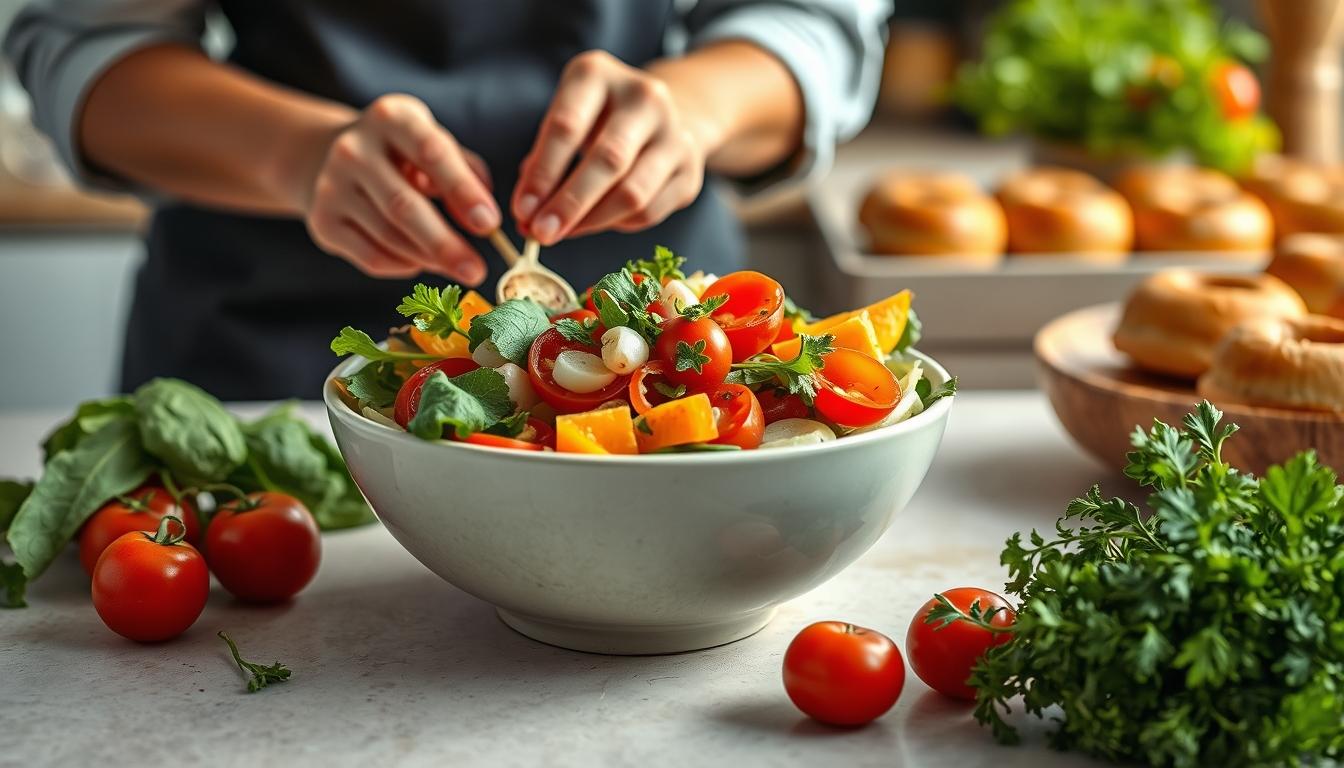 Balanced healthy meal prepared in a home kitchen